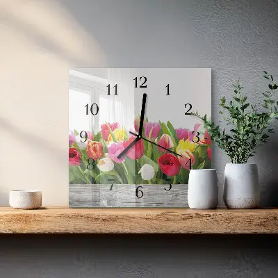 Nástěnné hodiny skleněné čtvercové Tulipány