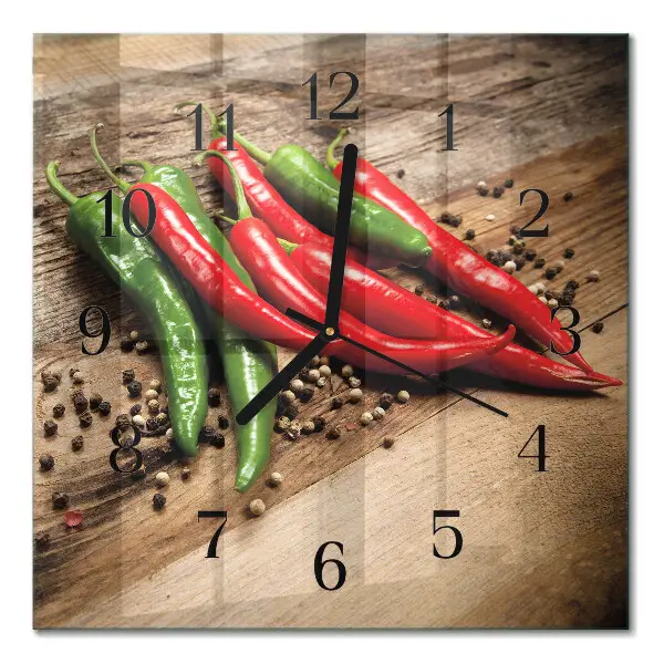 Čtvercové skleněné hodiny na zeď Chilli papričky