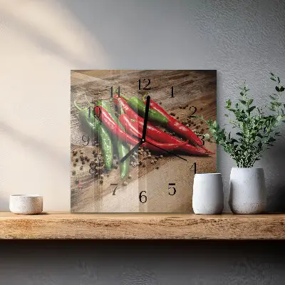 Čtvercové skleněné hodiny na zeď Chilli papričky