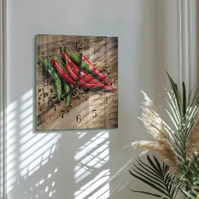 Čtvercové skleněné hodiny na zeď Chilli papričky