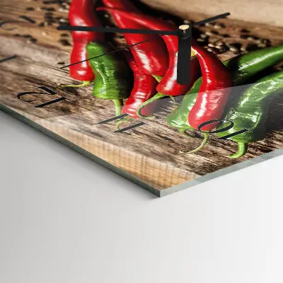 Čtvercové skleněné hodiny na zeď Chilli papričky