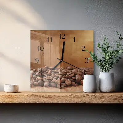 Nástěnné hodiny skleněné čtvercové Kávová zrna