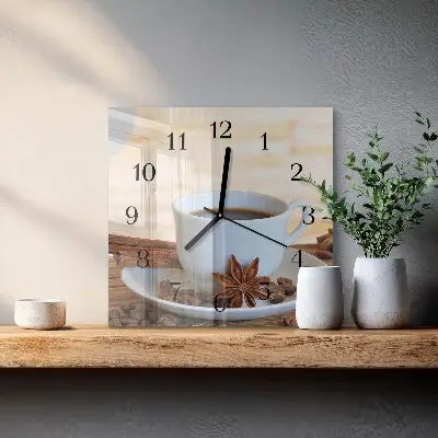 Čtvercové skleněné hodiny na zeď Káva