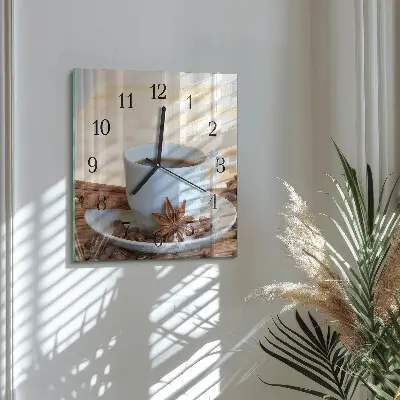 Čtvercové skleněné hodiny na zeď Káva