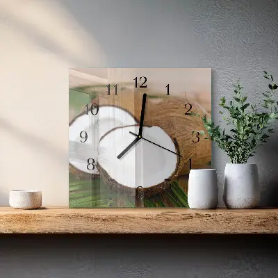Čtvercové skleněné hodiny na zeď Kokosové ořechy