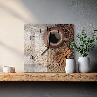 Čtvercové skleněné hodiny na zeď Kávová zrna