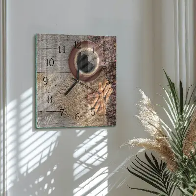 Čtvercové skleněné hodiny na zeď Kávová zrna