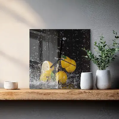 Čtvercové skleněné hodiny na stěnu Citrony