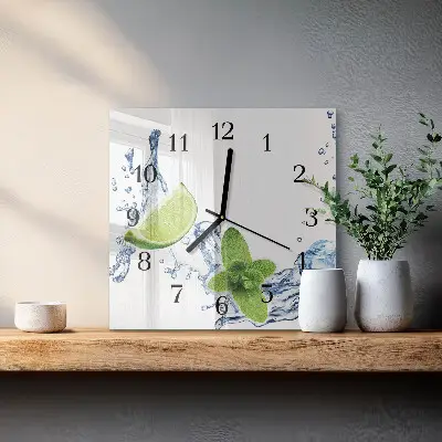 Čtvercové skleněné hodiny na zeď Máta s limetkou