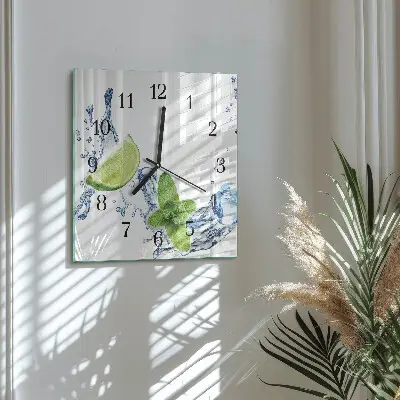 Čtvercové skleněné hodiny na zeď Máta s limetkou