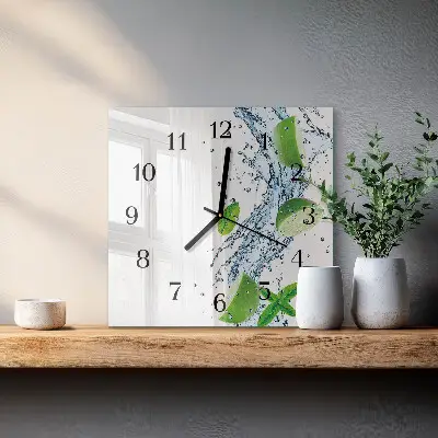 Čtvercové skleněné hodiny na zeď Máta