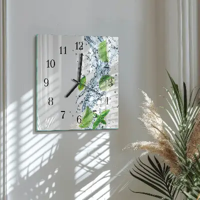 Čtvercové skleněné hodiny na zeď Máta