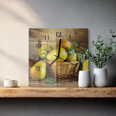 Čtvercové skleněné hodiny na stěnu Hrušky