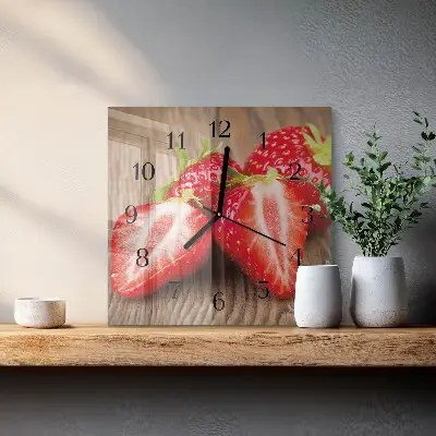 Čtvercové skleněné hodiny na stěnu Jahody
