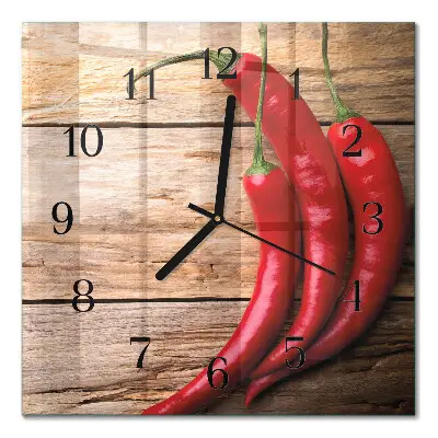 Čtvercové skleněné hodiny na stěnu Chilli papričky