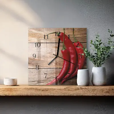 Čtvercové skleněné hodiny na stěnu Chilli papričky