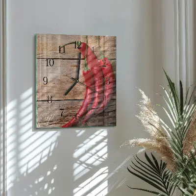 Čtvercové skleněné hodiny na stěnu Chilli papričky