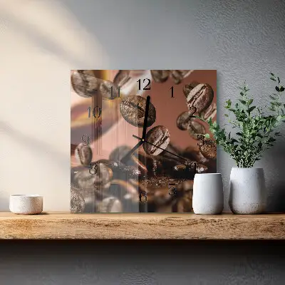 Čtvercové skleněné hodiny na zeď Kávová zrna