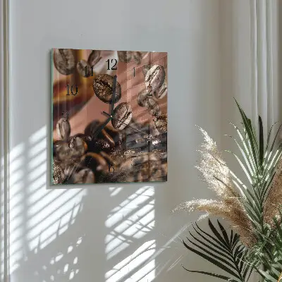 Čtvercové skleněné hodiny na zeď Kávová zrna