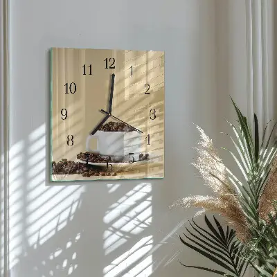 Čtvercové skleněné hodiny na stěnu Káva