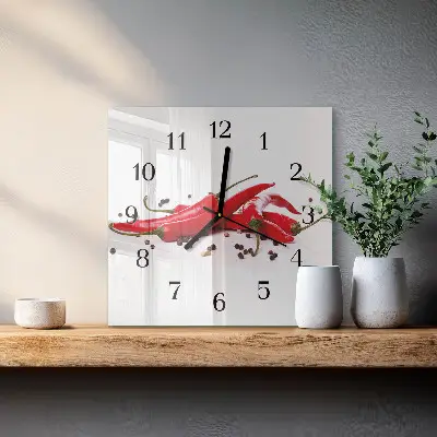 Čtvercové skleněné hodiny na stěnu Chilli papričky