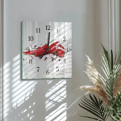 Čtvercové skleněné hodiny na stěnu Chilli papričky