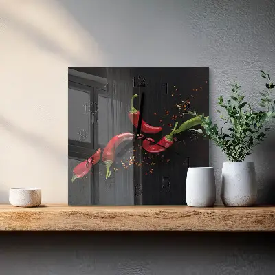 Nástěnné hodiny skleněné čtvercové Chilli papričky