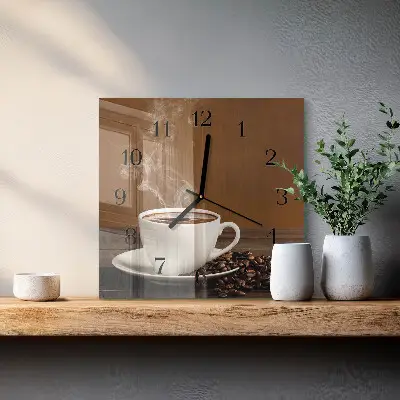 Čtvercové skleněné hodiny na zeď Káva