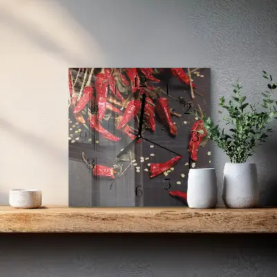 Nástěnné hodiny skleněné čtvercové Chilli papričky