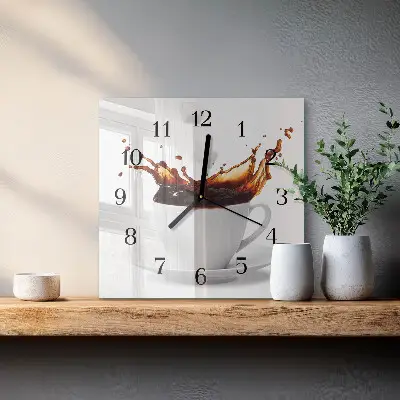 Čtvercové skleněné hodiny na zeď Káva