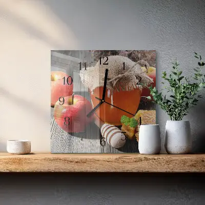 Čtvercové skleněné hodiny na stěnu Medové jablko