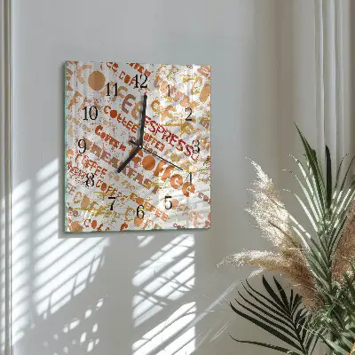Čtvercové skleněné hodiny na zeď Káva
