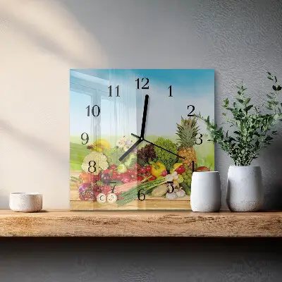 Nástěnné hodiny skleněné čtvercové Zelenina Ovoce