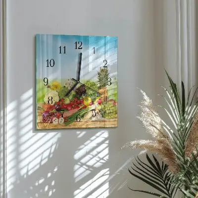 Nástěnné hodiny skleněné čtvercové Zelenina Ovoce