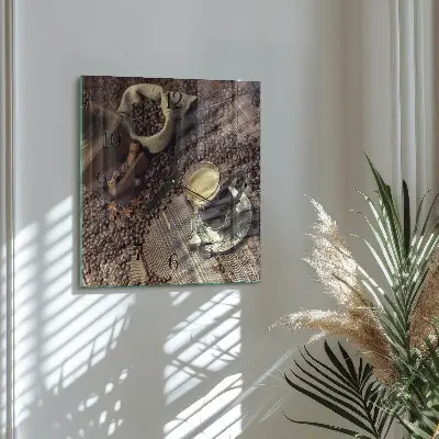 Čtvercové skleněné hodiny na zeď Káva