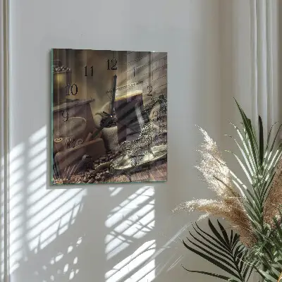Nástěnné hodiny skleněné čtvercové Káva
