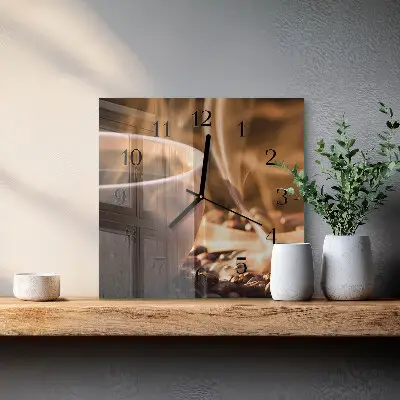 Čtvercové skleněné hodiny na zeď Káva
