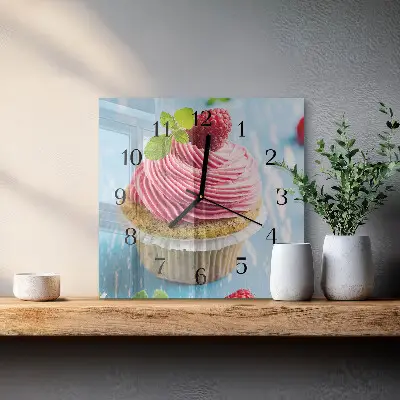 Čtvercové skleněné hodiny na zeď Malinový muffin