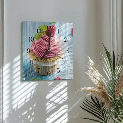Čtvercové skleněné hodiny na zeď Malinový muffin