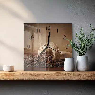 Čtvercové skleněné hodiny na stěnu Káva