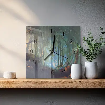 Čtvercové skleněné hodiny na zeď Mystický les