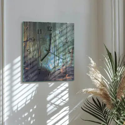 Čtvercové skleněné hodiny na zeď Mystický les