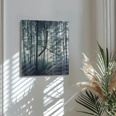 Čtvercové skleněné hodiny na stěnu Mlžný les