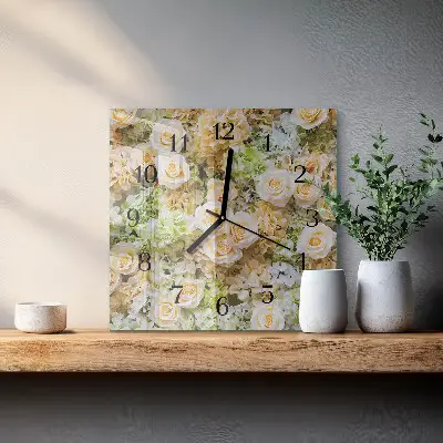 Čtvercové skleněné hodiny na stěnu Elegantní květiny