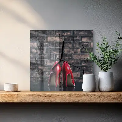 Čtvercové skleněné hodiny na stěnu Červené vysoké podpatky