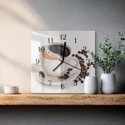 Nástěnné hodiny skleněné čtvercové Šálek kávy