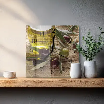 Čtvercové skleněné hodiny na zeď Olivový olej