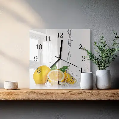 Čtvercové skleněné hodiny na stěnu Citrony