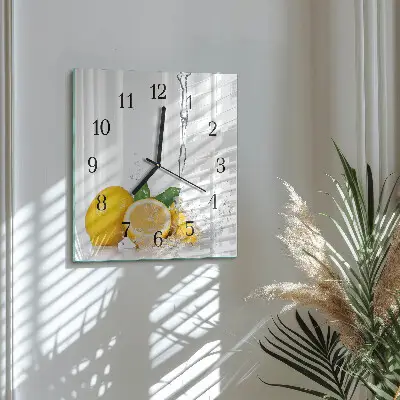 Čtvercové skleněné hodiny na stěnu Citrony