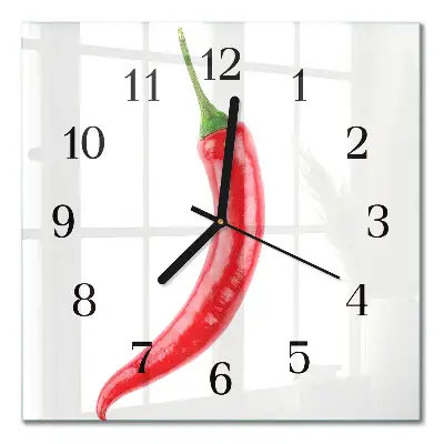 Čtvercové skleněné hodiny na zeď Chilli paprička
